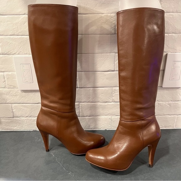 Faconnable sz 36 US 5.5-6 saddle brown leather tall heeled boots - Picture 1 of 16